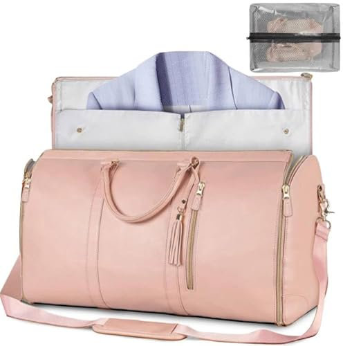 Invaxe Kleidersäcke für Reisen für Damen, Umwandelbarer Handgepäck-Kleidersack, Leder-Kleidersäcke für Reisen mit Schuhbeutel, 2-in-1 zum Aufhängen, Anzugtasche für Frauen, Duffle-Tasches (Rosa)