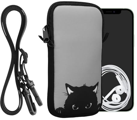 kwmobile Handytasche für Smartphones XL - 6,7/6,8 - Neopren Handy Hülle Grau Schwarz - Handy Tasche mit Kette 17,2 x 8,4 cm Innenmaße - Neugierige Katze