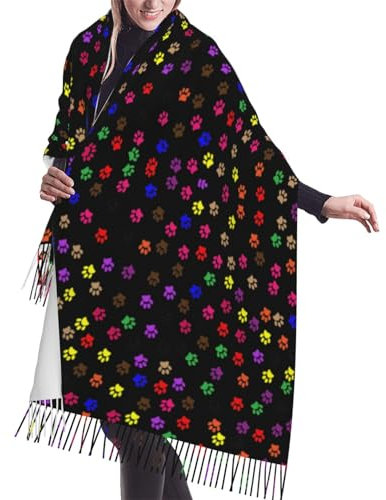 View Of Earth Strickschal mit Fransen, warmer Schal, Damenschal, stilvolles und gemütliches Accessoire für modische Frauen, Pfotenaufdruck, One size