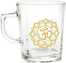 Generico Bicchiere da Tè in Vetro Ohm Incisa Color Oro Tazza Thè Caffè Tisana Relax Sonno