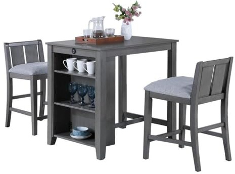 Lilola Home Graham 3-Piece Gray Finish Small Space Counter Height Dining Set with USB Charging Ports, Storage Shelves, and 2 Upholstered Chairs — Space-Saving Table & Chair Set for Apartments