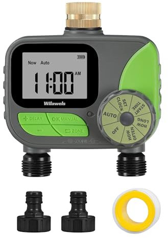 WILAWELS Schlauch-Timer 2 Zonen, Programmierbarer Wasser-Timer, automatischer Bewässerungs-Timer mit Regenverzögerung/Manuell/Auto-Modus, Einlass aus reinem Messing, für Hof, Garten, Rasen, 2 Ausgänge