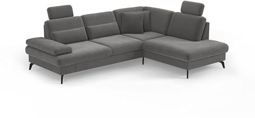 Cavadore Eckcouch Moritz / Ecksofa im trendigen Design mit Bett, Bettkasten, Sitztiefenverstellung, Kopfstützen und mattschwarzen Metallfüßen / 262 x 82-107 x 212 / Flachgewebe, Grau