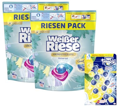 Weißer Riese Universal Trio-Caps A-Th. Lotus & Mandelöl (1x 120 WL), Vollwaschmittel mit intensivem Dufterlebnis & WC FRISCH Kraft Aktiv Duftspüler Lemon, 1x 200 g