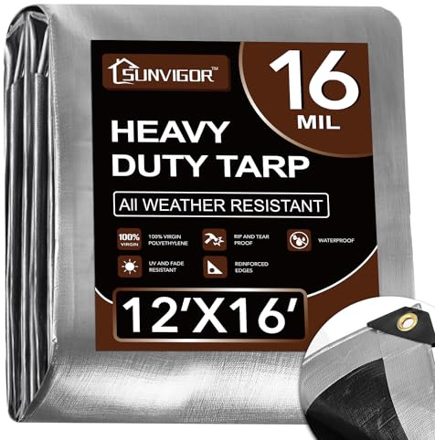 Sunvigor Tarp Waterproof 12x16Ft, Extra Thick 16 Mil Heavy Duty Tarp Cover, Tear & Fade Resistant, Outdoor Tarps with Brass Grommets and Reinforced Edges for Roof, Camping, Patio, Boat (Silver/Black)