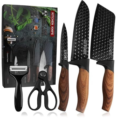 Kitory Messerset 5-teilig, Küchenmesserset mit Schwarz antihaftbeschichtet, einschließlich Hackmesser 18cm, Kochmesser 20cm, Allzweckmesser 13cm, Sparschäler und Küchenschere