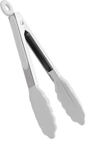 Pinze da cucina da 9 pollici, pinze da cucina con punte in silicone e manico in acciaio inossidabile, pinze antiaderenti resistenti al calore per cucinare, buffet, servire insalata (Bianco, 9)