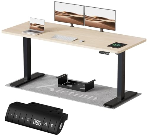 Airfish Höhenverstellbarer Schreibtisch mit USB-Buchse, Elektrisch Schreibtisch mit Kabelwanne, Computertisch, Bürotisch, Stehpult mit Erinnerung an sitzende Tätigkeiten, 200x80 cm, Beige