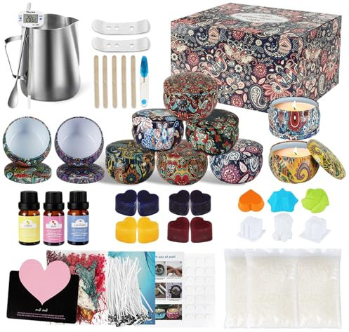 UCAMP Kit para Hacer Velas Aromaticas,Kit de Fabricación para Velas con 480g de Cera de Abeja,10 Recipientes para Velas,Aceites Esenciales,Bloques de Color,Cazo para Derretir,Mechas y Accesorios