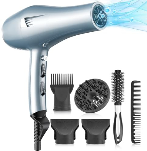 Phon capelli con Potente Motore 33 m/s, Asciugacapelli Ionico per Asciugatura Rapida e Styling, 7 Modalità Calore e Velocità, Uso Domestico e Saloni, Design Elegante Grigio-Blu