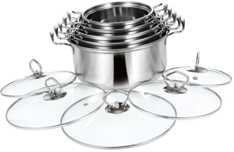PRETYZOOM Juego de Ollas de Sopa Acero Inoxidable 10 Piezas con Asas Dobles Acero Inoxidable Tapas de Vidrio para Cocina Inducción Hogar y Estofados