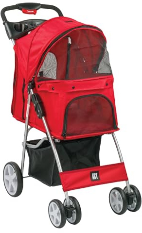 KCT Hooded Foldable Pet Dog Cat Stroller with Waterproof Rain Cover - Red - 4 Wheel Travel Carriage with Safety Leash, Canopy, Cup Holder, Storage Tray