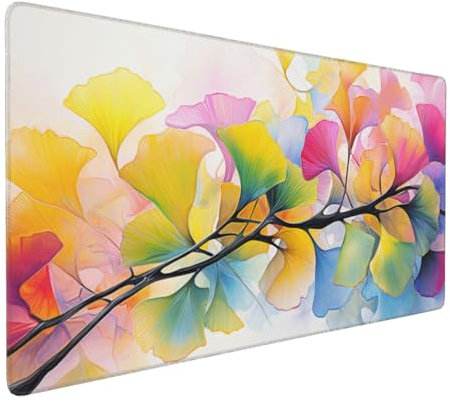 Gaming Mauspad XXL Ginkgo biloba Mousepad 800x400x4mm Blätter Verlängertes Mauspad Schreibtischauflage,Genähte Kanten Mauspad,Verbessert Präzision Geschwindigkeit Wasserdicht Geeignet für Büro,Spiele