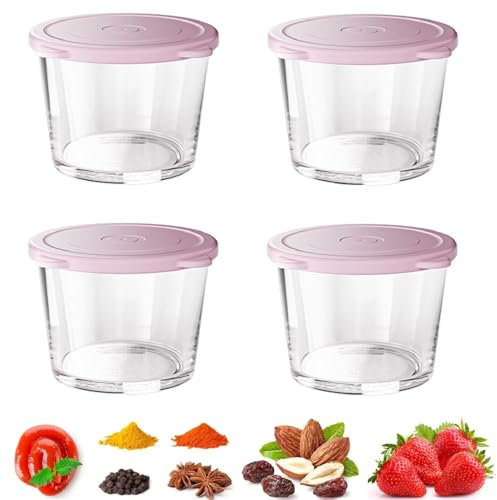 4 Stück Glasbehälter Mit Deckel, 280ml Glas Vorratsdosen Frischhaltedosen Mit Luftdicht Silikondeckel, Kleine Glas Aufbewahrungsbehälter Salatdressing Behälter To Go Für Saucen Früchte Nüsse(Rosa)