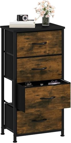 DWVO Kommode mit 4 Schubladen, Schrank aus Stoff mit Griffen, Metallgestell & MDF-Holzplatte, langlebig, für Schlafzimmer & Wohnzimmer,Rustikal Braun