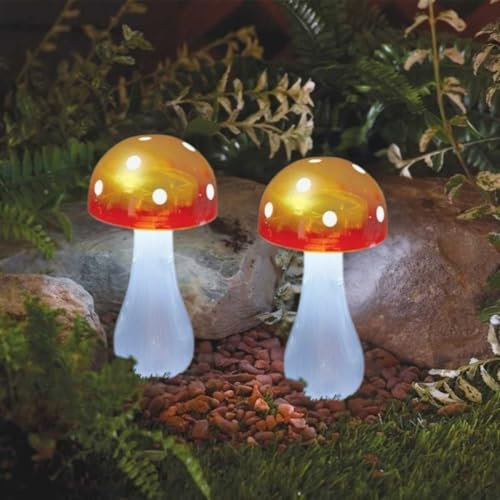 Garden Mile Lot de 2 lampes solaires LED en forme de champignon - Éclairage extérieur - Lot de 2 lampes champignon pour jardin - Décoration d'automne pour l'extérieur