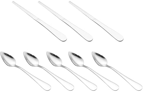 LINYUEARUI 5Pcs Grapefruit Spoons and 3 Pcs Knives Set, Stainless Steel Grapefruit Utensils with Serrated Edge for Easy Cutting & Scooping, Rust-Proof Kitchen Tool for Avocado, Oranges and Melons