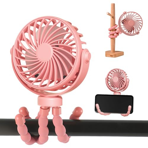 Fancysky Ventilador Portátil para Cochecito,Ventilador USB de Trípode Silencioso Multifunción 3 Velocidade Rechargeable 360° Rotate Flexible Tripod Para Silla de Paseo,Escritorio,Cuna (Rosa)