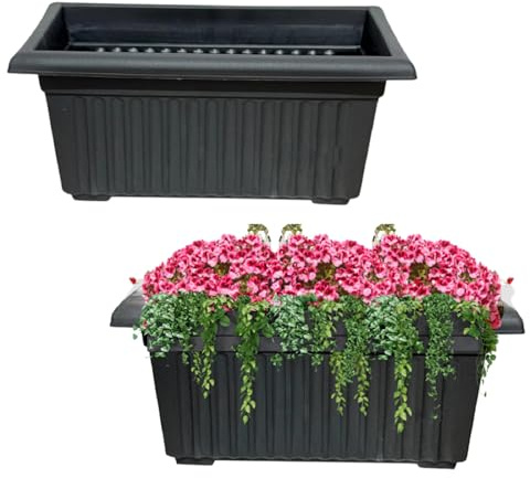 Khanary 2x Large Plastic Trough Planter 70/55cm – Rectangular Black Window Box for Flowers, Herbs, Vegetables, Plants,Small Bushes –Windowsill Rippled Finish (55cm Large Planter)