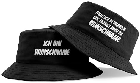 Herzbotschaft Personalisiertes Bucket Hat 2er Set in Schwarz – Falls ich betrunken Bin, bringt Mich zu... – Fischerhut mit Spruch – Unisex Einheitsgröße – Festivalhut/Sonnenhut für Damen & Herren