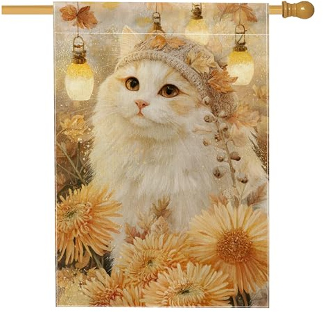 Gatto bianco con foglie autunnali e crisantemi Estetica Vintage Autunno Giardino Bandiera, Decorativo Esterno Cortile Decorazione Esterna Decorazione Esterna Banner Bifacciale, Giallo, 71 x 101 cm