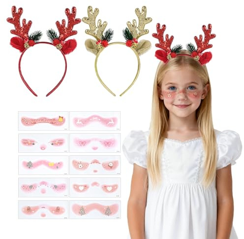 2 Pièces Serre Tete Noel Renne avec 10 Autocollants pour Visage, Bandeaux de Noël en Bois de Renne avec Paillettes, Serre-Tête Noel pour Femme Fille Enfant, pour Décoration de Noël, Or et Rouge
