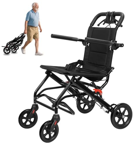 Silla de ruedas de transporte, silla de ruedas plegable ligera para adultos y personas mayores, silla de transporte portátil con capacidad de 220 libras, ruedas de poliuretano todo terreno y barra de
