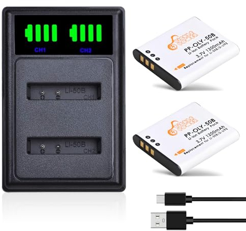 Pickle Power 2Pcs Li-50B D-Li92 Battery and Charger for Olympus μ1010 μ1020 u6010 u6020 u9010 SZ-14 SZ-16 SZ-30MR SZ-20 SP-800UZ SP-810UZ SZ-10 SZ-11 SZ-12 SZ-15 TG-610 TG-620 TG-630 iHS