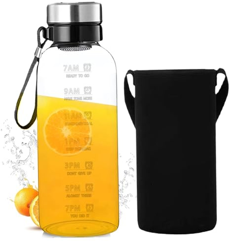 Porgeel Botella de agua con marcador de tiempo 2L botellas de agua de vidrio transparente con fugas con cordones con cordero lavavaj