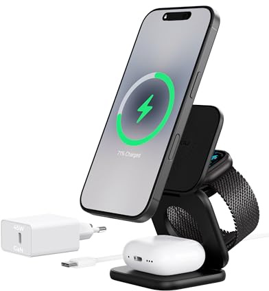 KU XIU X40 Turbo Qi2.2 25W 3-in-1 Ladestation für iPhone 17/16/15/14/13/12, 5W für Apple Watch und AirPods, faltbares kabelloses induktives Ladegerät, Aluminium-Design, inkl. 45W GaN Adapter, Schwarz