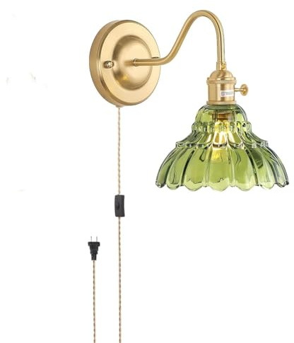 LOGT Vintage Glas Wandleuchte mit Schalter Kabel Stecker Wandlampe E27 Retro Messing Nachttischlampe Grüne Kristall Wandbeleuchtung Florentiner Blumen Dekolampe Innen Schwanenhals Gebogen,1 stück
