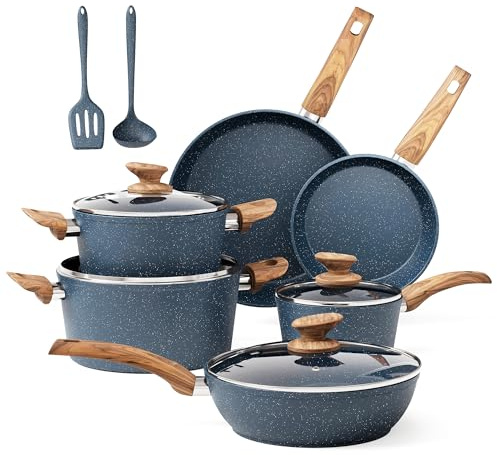 DishDelight 12pcs Batterie de Cuisine Induction Lot Poele et Casserole Tout Feux Anti-adhésives sans Pfas sans Pfoa Couvercles Verre