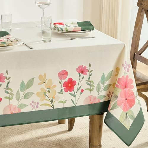 FIBORIA Tischdecke Frühling 240x140 cm Abwaschbare Outdoor Tischtuch Weiß Abwischbar mit Floralem Muster Wasserabweisende Rechteckige leinenoptik tischdecken Für Garten,Hochzeiten,Party,Geburtstag