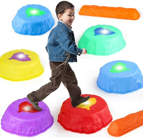 8 pièces/ensemble tremplins pour enfants avec poutre d'équilibre, tremplins empilables antidérapants en ABS colorés avec lumières LED, équipement de jeu en plein air pour enfants, jouets sensoriels