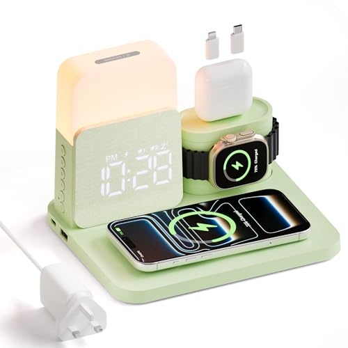 COLSUR 6 in 1 Wireless Charging Station, Magnetic 25W Wireless Charger with Alarm Clock, Night Light, Wireless Charger Stand for iPhone 17 16 15 14 13 12 11 X Pro Max, Apple Watch, AirPods