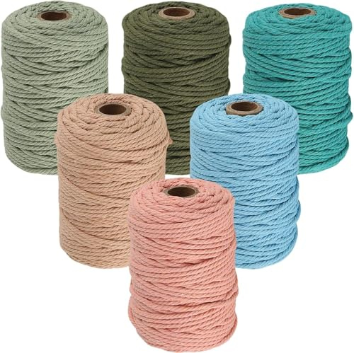 6 Stück Makramee Garn 3mmx50m, BetterJonny Baumwoll Bastelschnur Makramee Baumwollgarn 3mm Baumwollkordel Natur Bunte Baumwoll-Bastelschnur für Basteln Stricken Aufhängen DIY Handwerk-B