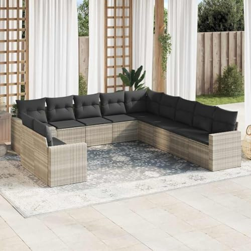 RMIHSJG Ensemble de canapé de jardin 11 pièces avec coussins gris clair polyrotin design modulaire meubles en rotin PE, housses amovibles, groupe de sièges d'extérieur résistants aux intempéries