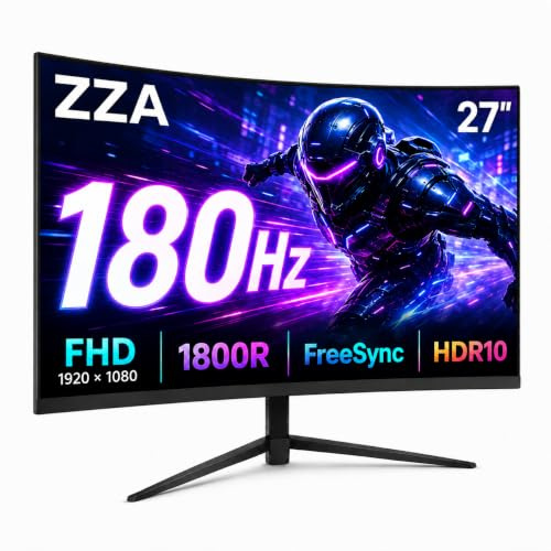 ZZA 27 Inch Curved Gaming Monitor, 180Hz PC Monitor, Full HD 1920x1080 Computer Monitor, 1800R Curved VA Display, 1ms MPRT, Adaptive Sync, HDMI, DisplayPort, Frameless Design