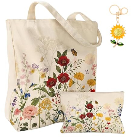 ZXTGBQ Natürliche Blumen Stofftasche Damen, Frühling Blumen Baumwolltasche, mit Kosmetiktasche und Sonnenblumen-Schlüsselanhänger, Einkaufstasche Lange Henkel, für Damen, Arbeit, Reisen & Fitness