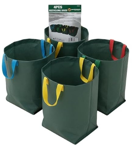 4pc Recycling Garden Waste Bags - 400 x 320 x 320mm | Waterproof & Heavy Duty Garden Sacks To Collect Yard Waste, Plant Waste Grass and Leaves | Includes 2 Coloured Handles For Easy Transportation