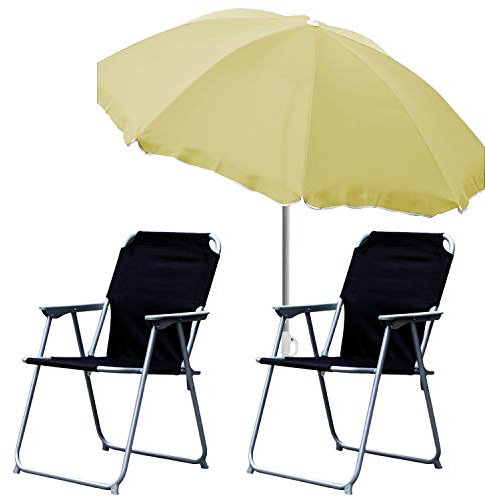 Mojawo Lot de 3 meubles de camping pliantes - Noir - Parasol de plage - Diamètre : 180 cm - Beige