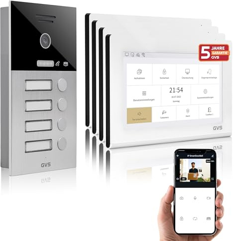 GVS IP Video Türsprechanlage mit Türöffner - 4x7 Monitor & App | Smarte Video Türklingel mit Kamera und Monitor & App - Gegensprechanlage mit Türöffner für 4 Familienhaus (AVS1382U)