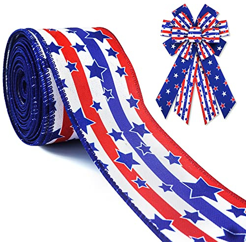 ABTOLS Patriotic Wired Edge Ribbons 2.5 10 Yards, Memorial Day White Red Blue Stripe Ribbons Patriotic Star Wrapping Ribbon American Flag Ribbon for 4th of July Party Wrapping DIY Craft Decoration