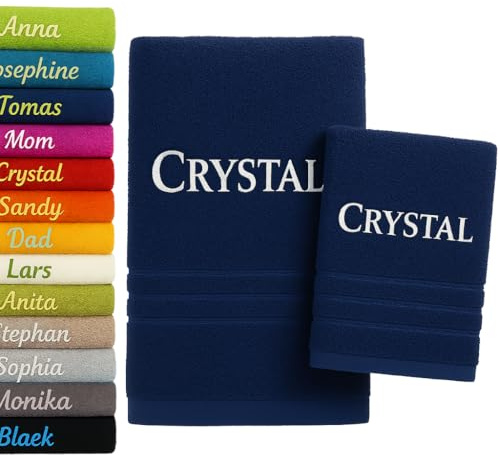2er Pack Personalisiertes Handtuch und Badetuch mit Namen 2er Pack Schön gestickter Name Handbadetuch 100 % Baumwollhandtuch 50 x 100 cm + 140 x 70 cm Personalized Custom Towel with Name (Dunkelblau)