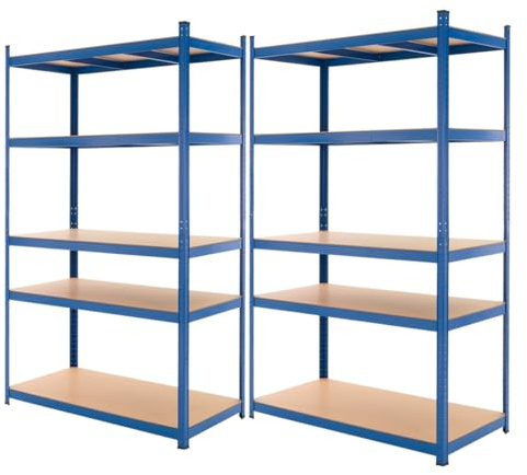 ECD Germany Lot 2x Étagère de Rangement 200x100x60 cm, Capacité max. 875 kg, 5 Plateaux MDF, Rayonnage Métallique Bleu, Hauteur Réglable, Unité de Stockage Charge Lourde Râtelier Garage Cuisine Cave