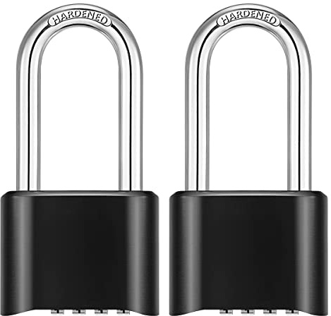 NUZAMAS Lot de 2 cadenas à combinaison à manilles extra longues – Cadenas à 4 roues – Alliage de zinc pour une résistance à la corrosion – Serrure étanche sans clé pour la maison, l'école et le