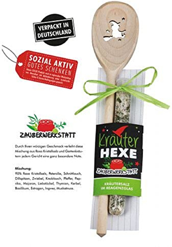 Gilde - 44638 - Hochwertiger Holz Kochlöffel, Kräuter Hexe, Zauberwerkstatt, Höhe 30 cm, mit Kräutersalzmischung 45 Gramm
