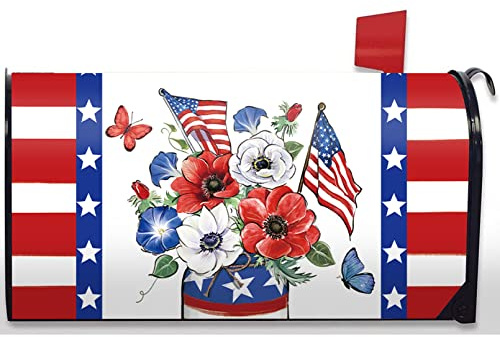 FBCOO 4th of July Patriotic Anemone Flower Mailbox Cover Magnetic Standard Size 20.5 x 18, America USA Red White Blue Floral Post Letter Box Wrap Decor American Flag Garden Yard Outdoor Decoration