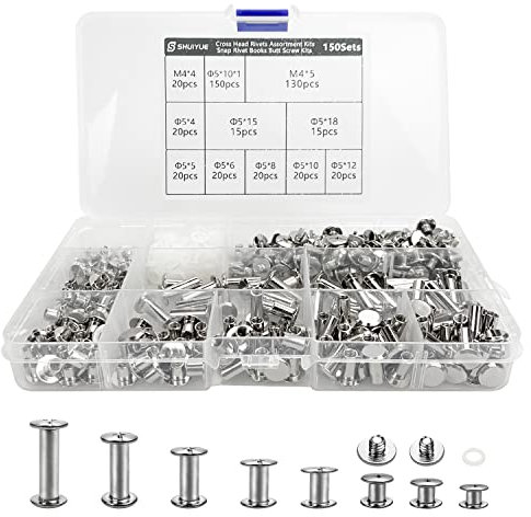 150 Set Doppelkappe Nieten, Chicagoschrauben Leder, 8 Modelle mit Unterlegscheibe, Doppelkappe Ledernieten Set, Leder Nieten Metal Rivet Ersatzreparatur füR GepäCk, Rucksack, GüRtel (Silber)