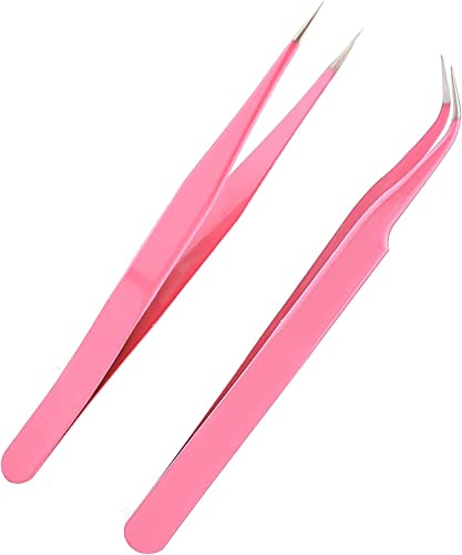 2 st rak och böjd spetsig pincett för ögonfransförlängning – nagelklistermärke strass ädelstenar plockare – rostfritt stål precisionspincett (rosa)